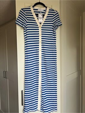 Mango Blue and White Striped Short Sleeve Button-Front Midi Dress Women’s xs